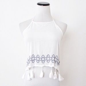 Native Youth White Embroidered Tassel Halter Top